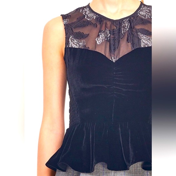 REBECCA TAYLOR Black Stretch Velvet Peplum Top Silk Silver Metallic Floral M 6 - Picture 3 of 10